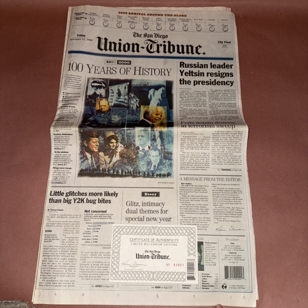 San Diego Union Tribune Limited Millennium Edition Certificate NewsKeeper